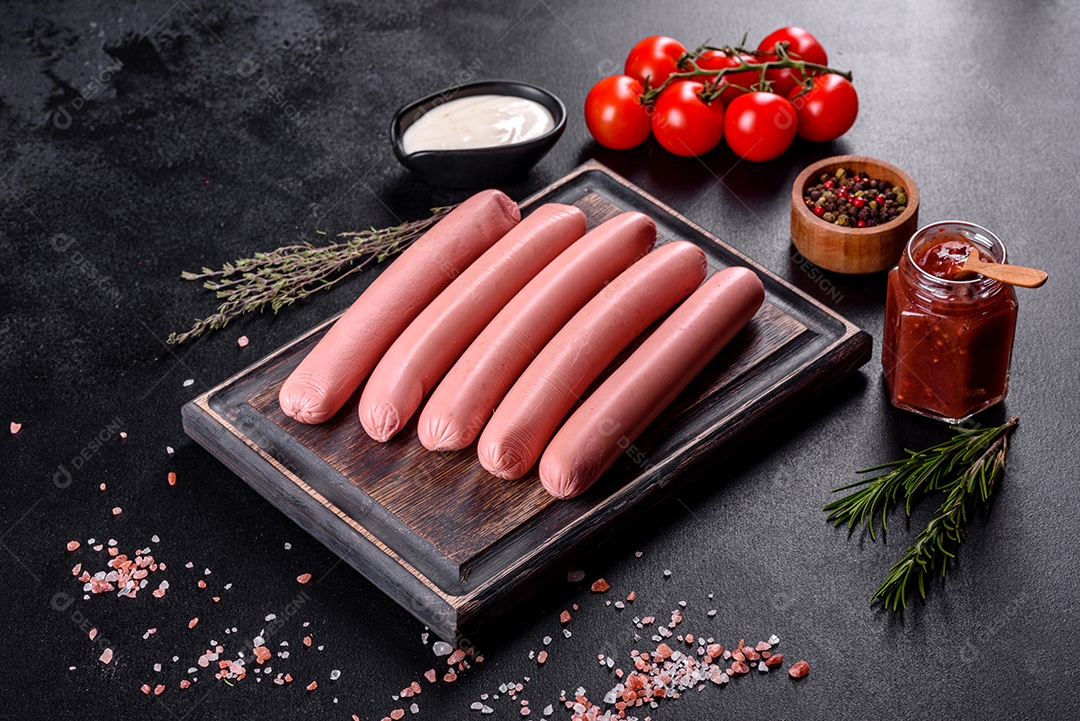 Deliciosas salsichas frescas cozidas com legumes e especiarias sobre um fundo escuro de concreto