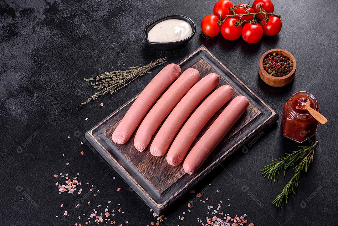 Deliciosas salsichas frescas cozidas com legumes e especiarias sobre um fundo escuro de concreto