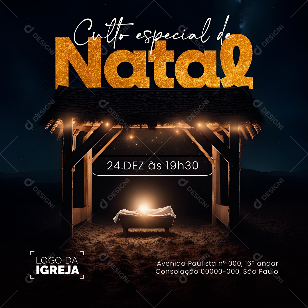 Feed Culto Especial de Natal 24 de Dezembro 19H30 Social Media PSD Editável