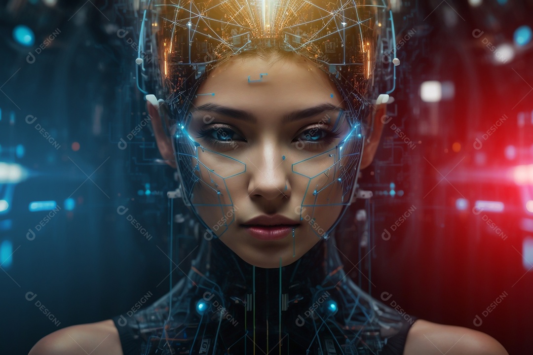 Menina robô sobre fundo tecnológico