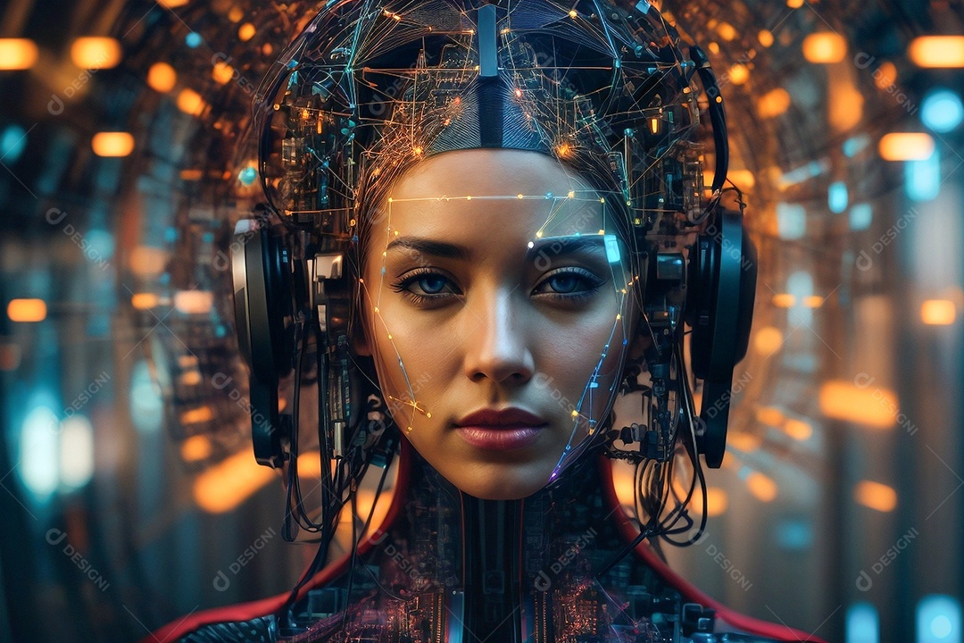 Menina robô sobre fundo tecnológico