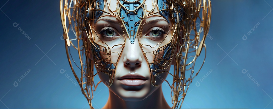 Menina robô sobre fundo azul