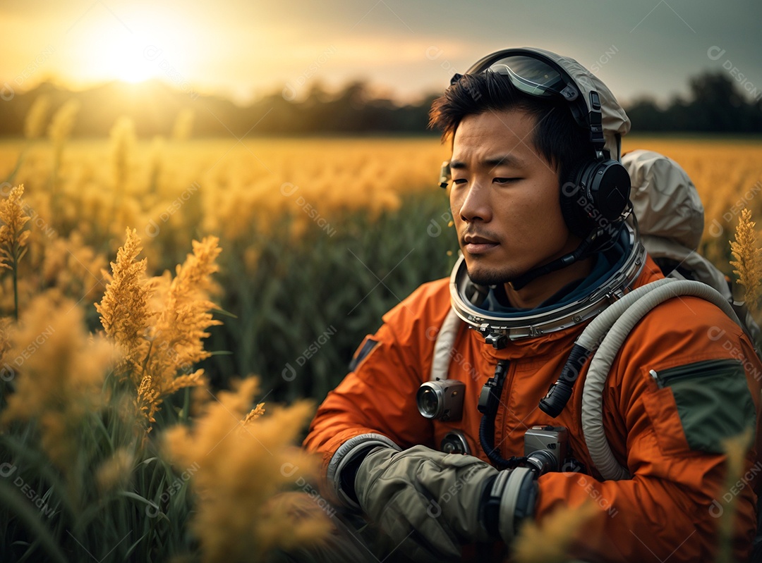 Astronautas no campo de plantas de flores