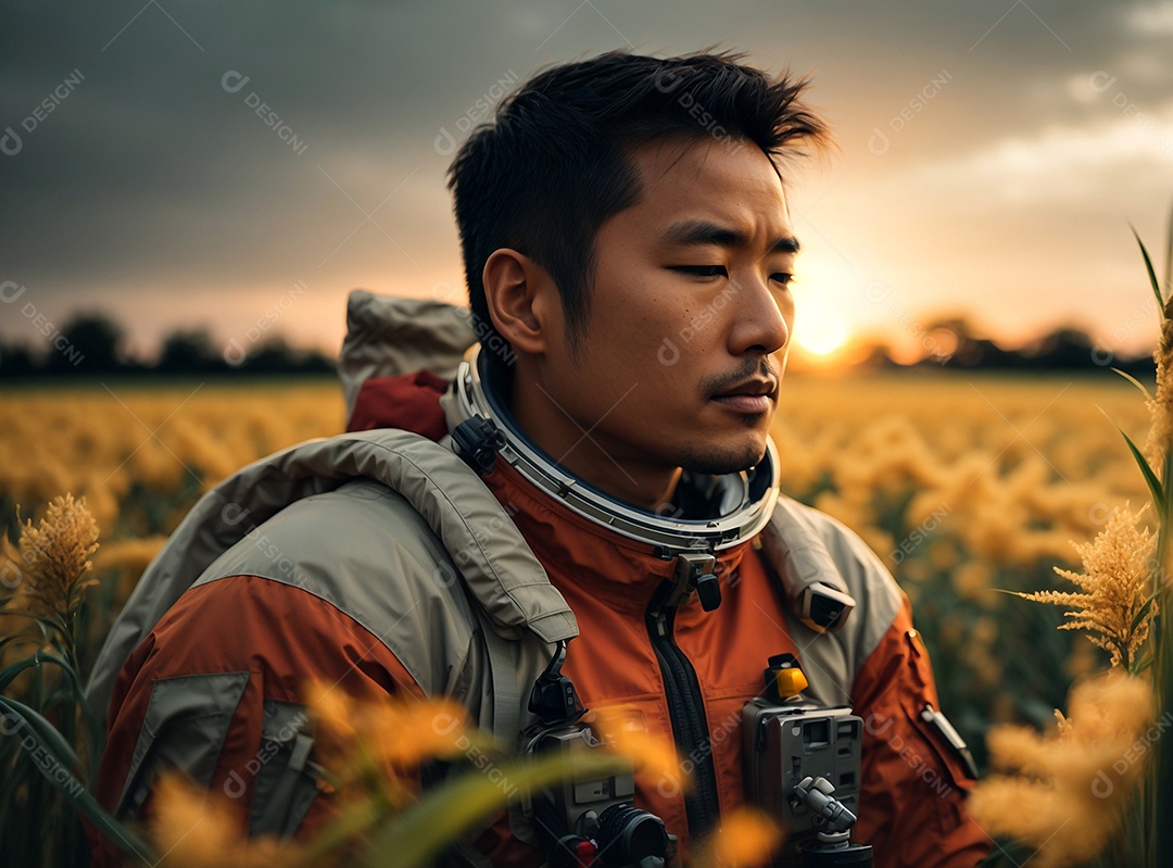 Astronautas no campo de plantas de flores