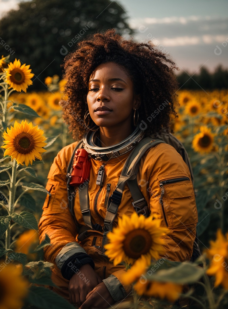 Astronauta no campo de girassóis ao pôr do sol