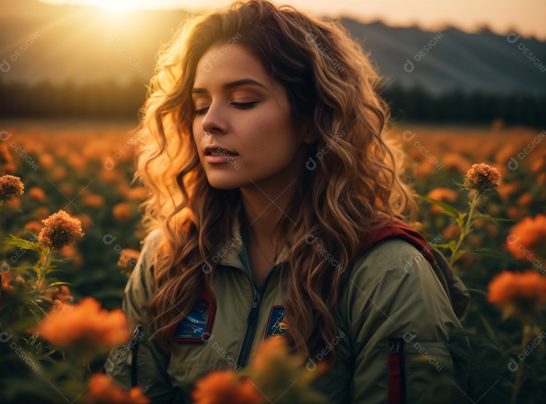 Astronauta no campo de girassóis ao pôr do sol