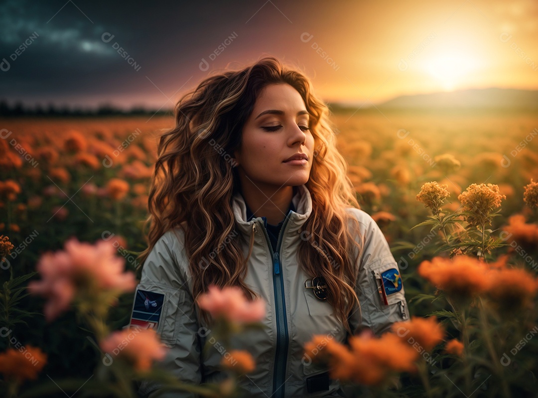 Astronauta no campo de girassóis ao pôr do sol
