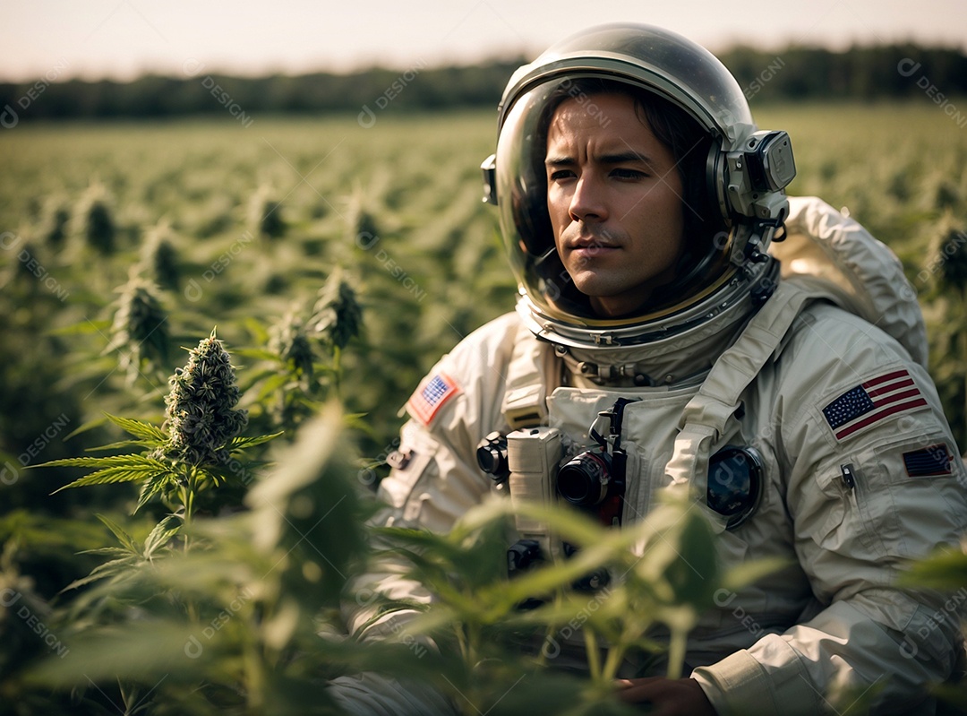 Astronauta no campo de plantas de flores de cannabis ao pôr do sol