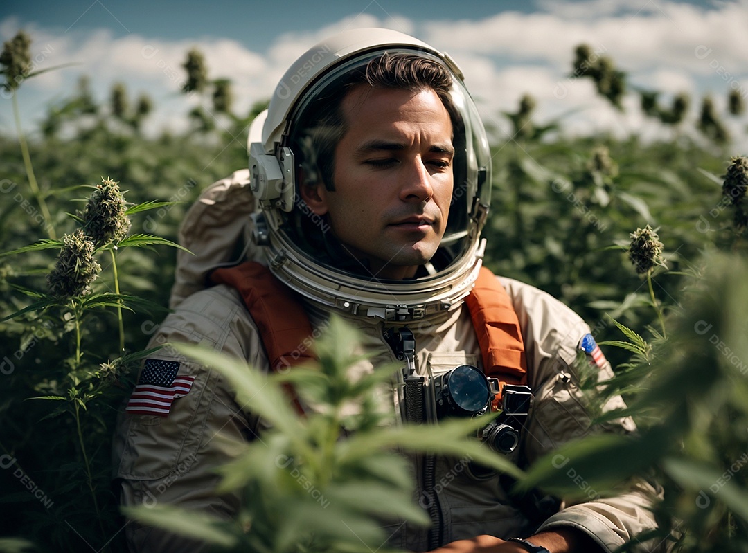 Astronauta no campo de plantas de flores de cannabis ao pôr do sol