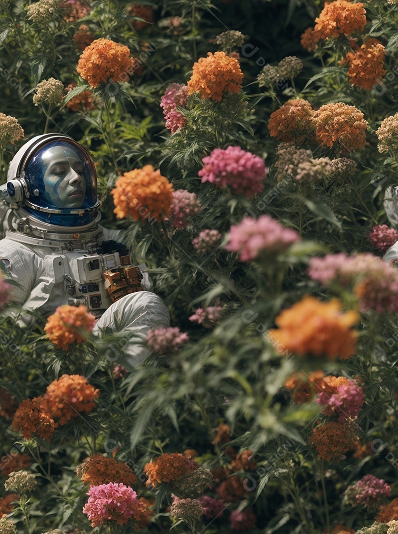 Astronauta no meio das flores