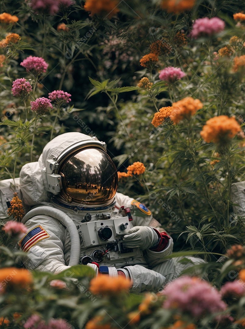 Astronauta no meio das flores