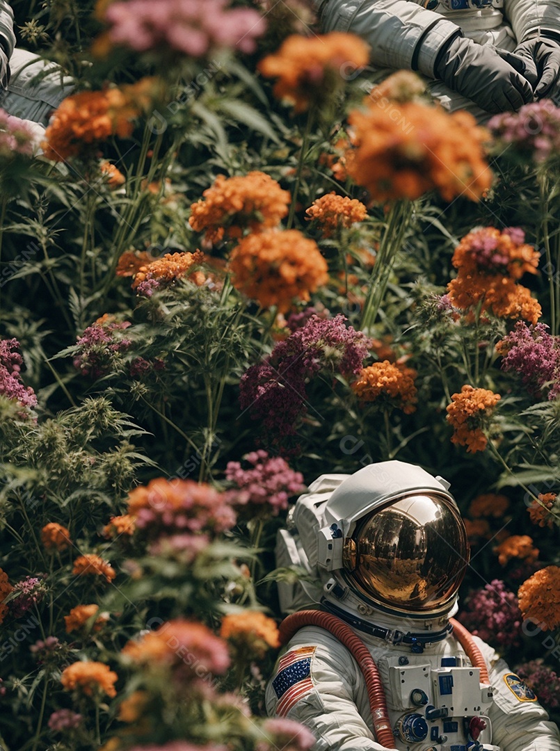 Astronauta no meio das flores