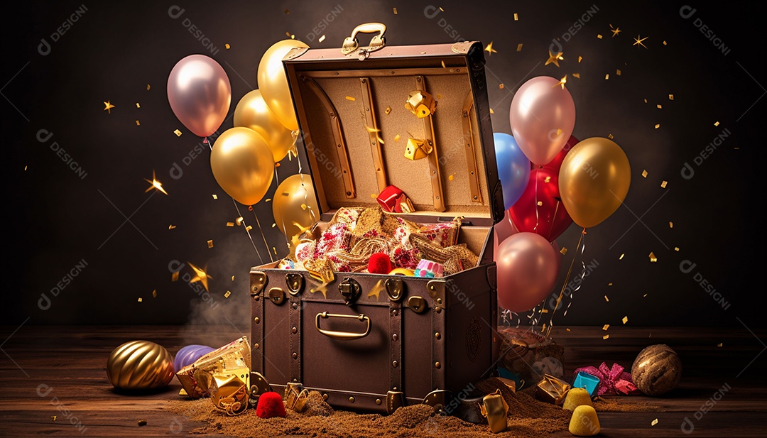 Caixa de tesouro aberta com presentes