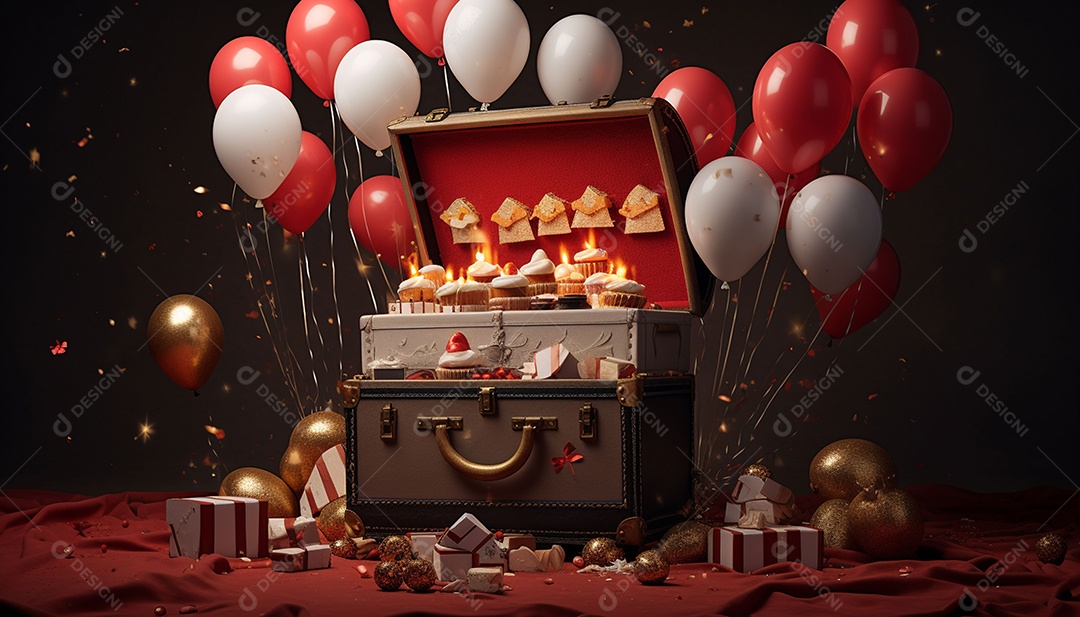 Caixa de tesouro aberta com presentes