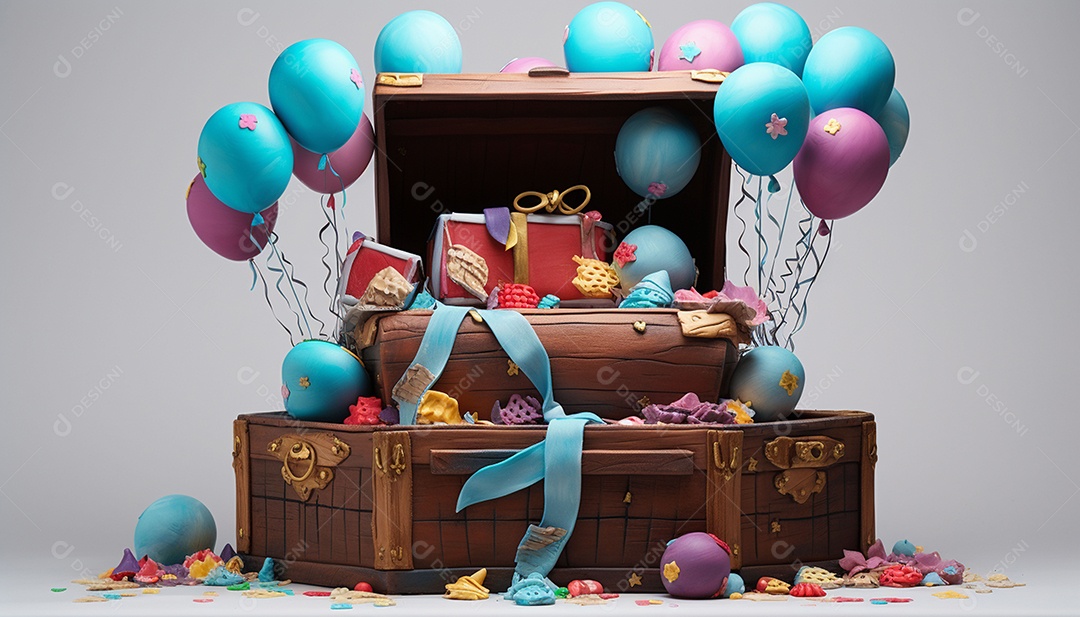 Caixa de tesouro aberta com presentes