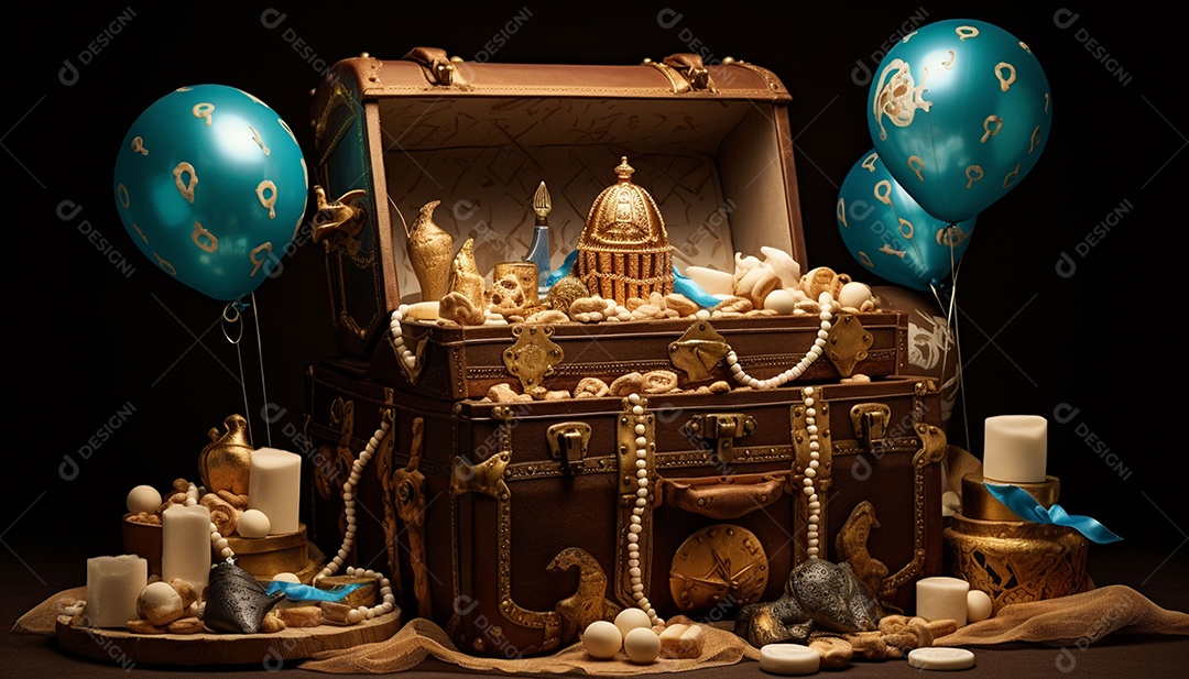 Caixa de tesouro aberta com presentes