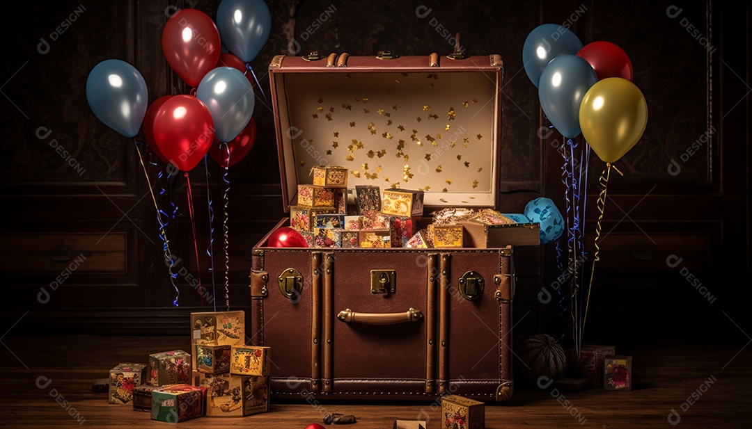 Caixa de tesouro aberta com presentes