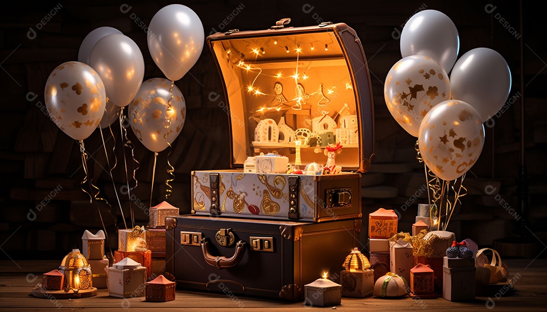 Caixa de tesouro aberta com presentes