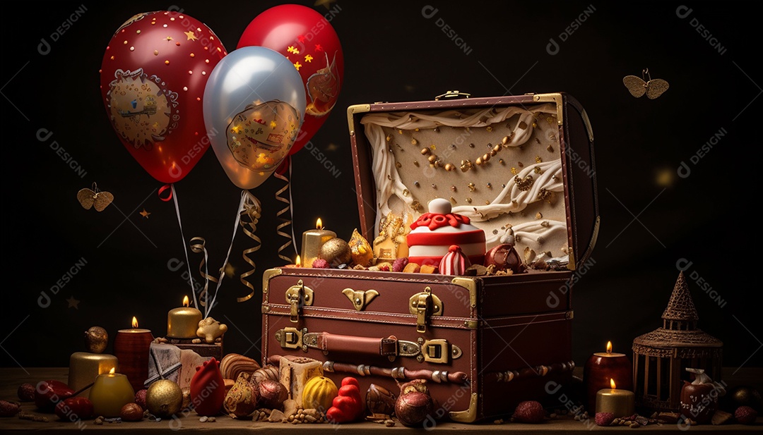 Caixa de tesouro aberta com presentes
