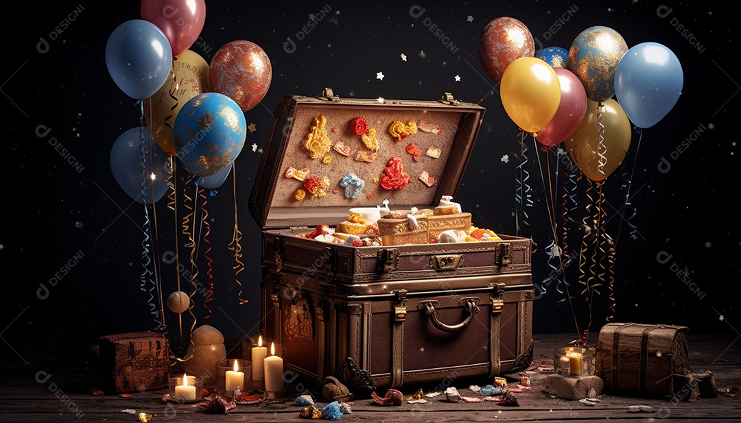 Caixa de tesouro aberta com presentes