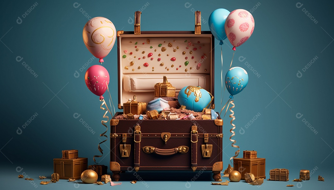 Caixa de tesouro aberta com presentes