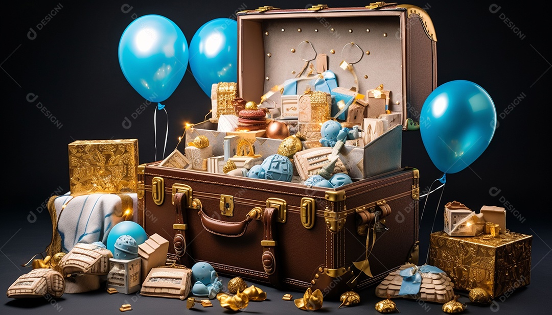 Caixa de tesouro aberta com presentes
