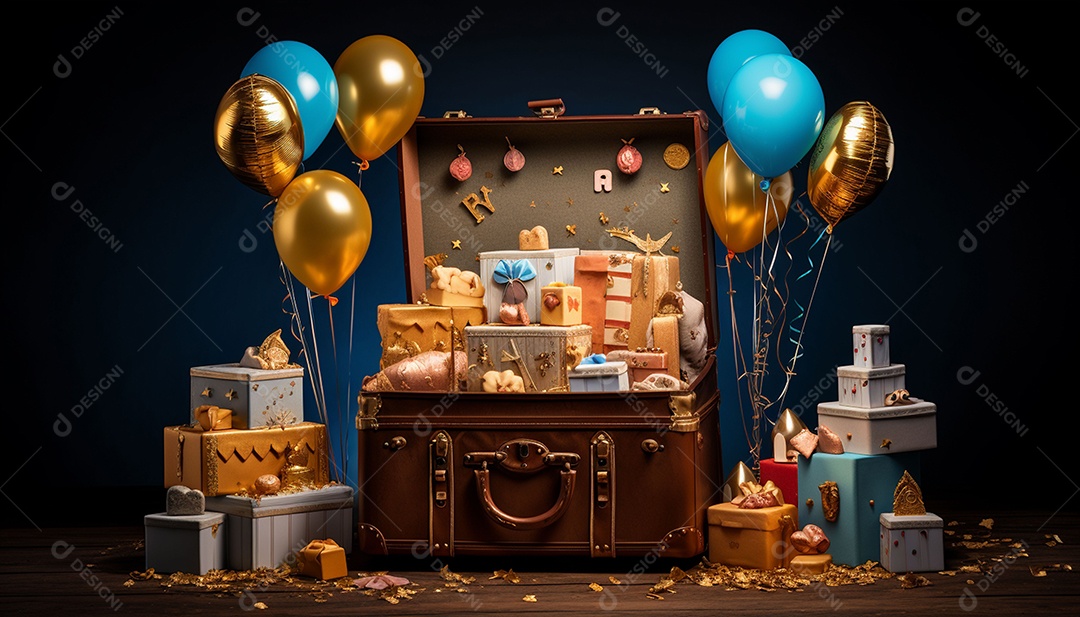 Caixa de tesouro aberta com presentes