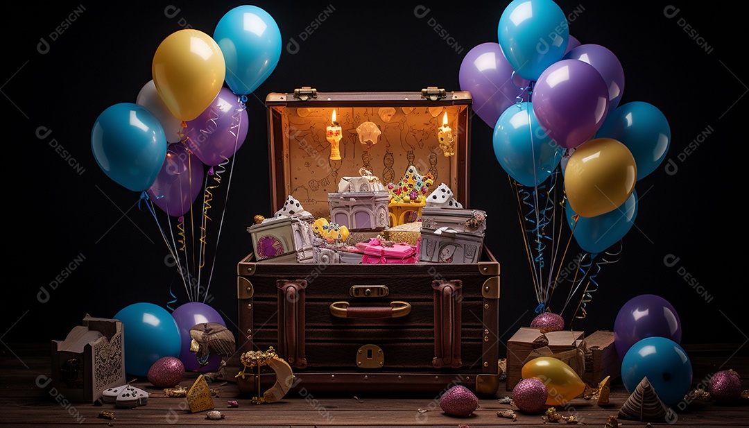 Caixa de tesouro aberta com presentes