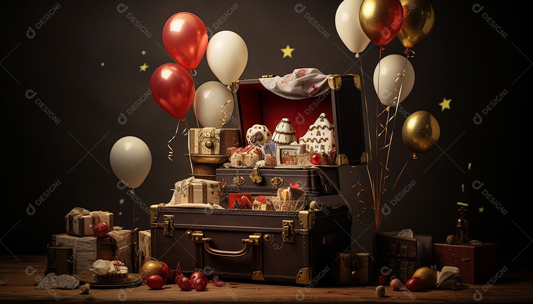Caixa de tesouro aberta com presentes