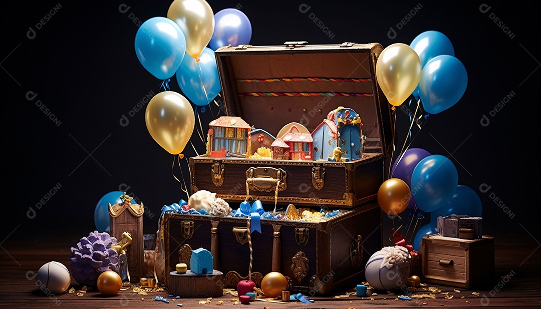 Caixa de tesouro aberta com presentes