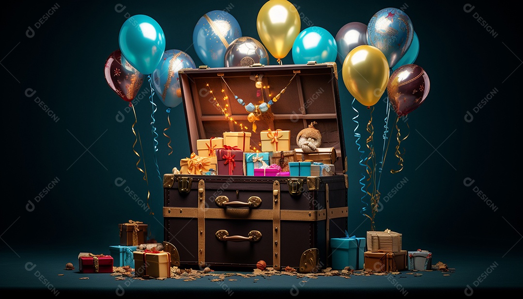 Caixa de tesouro aberta com presentes