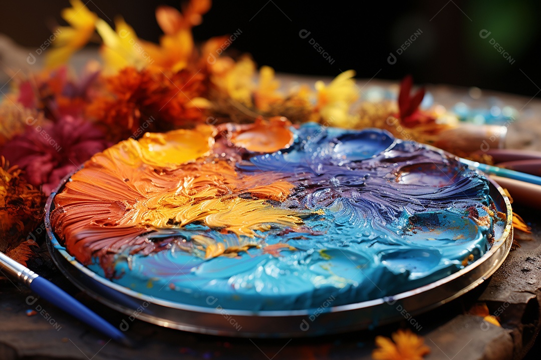 Mistura de tintas e tubo usado na paleta