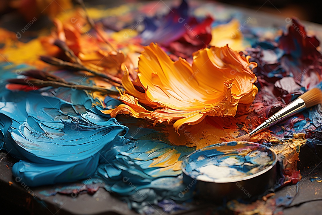 Mistura de tintas e tubo usado na paleta