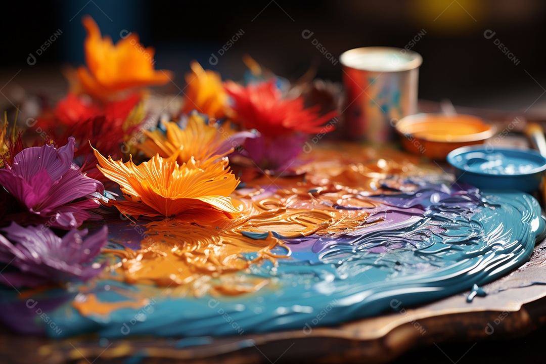 Mistura de tintas e tubo usado na paleta