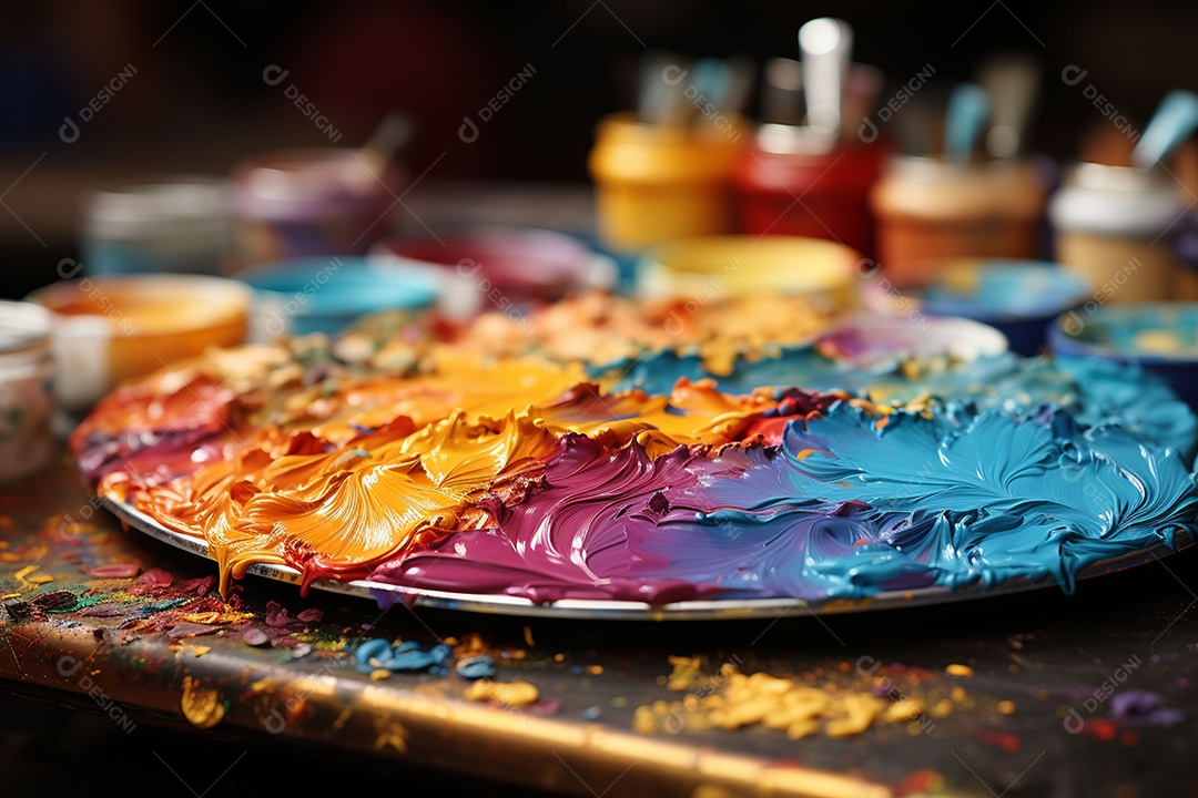 Mistura de tintas e tubo usado na paleta