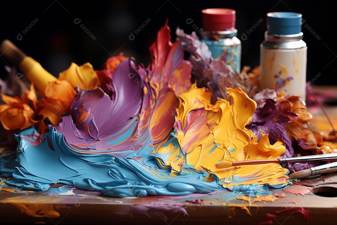 Mistura de tintas e tubo usado na paleta