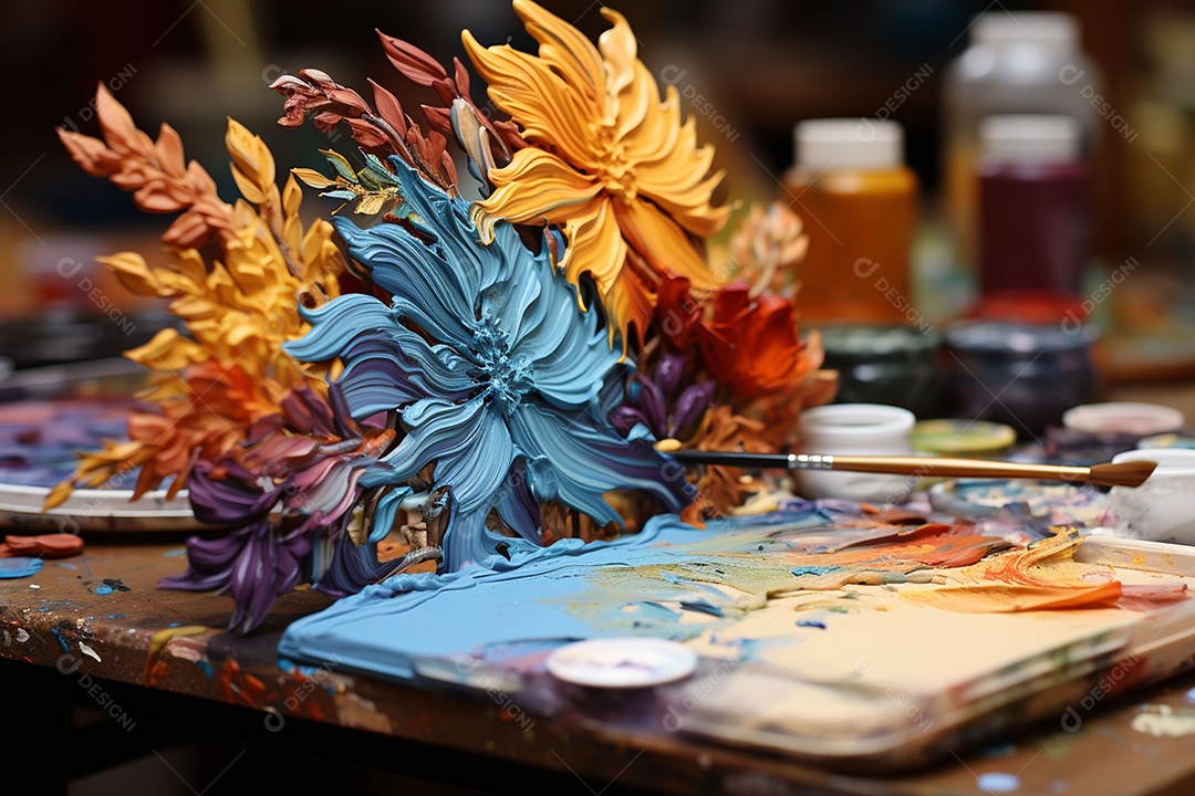 Mistura de tintas e tubo usado na paleta