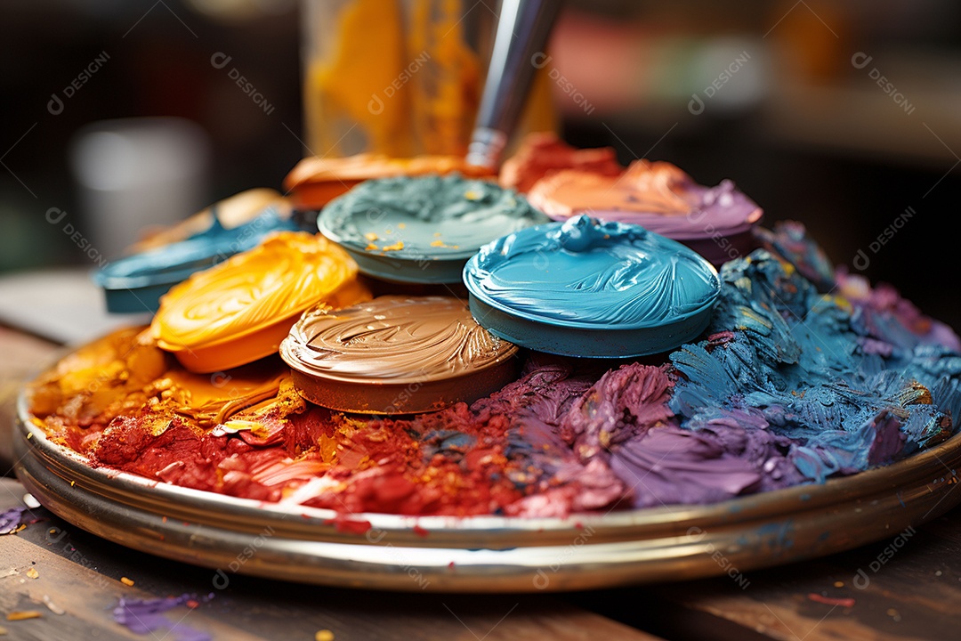 Mistura de tintas e tubo usado na paleta