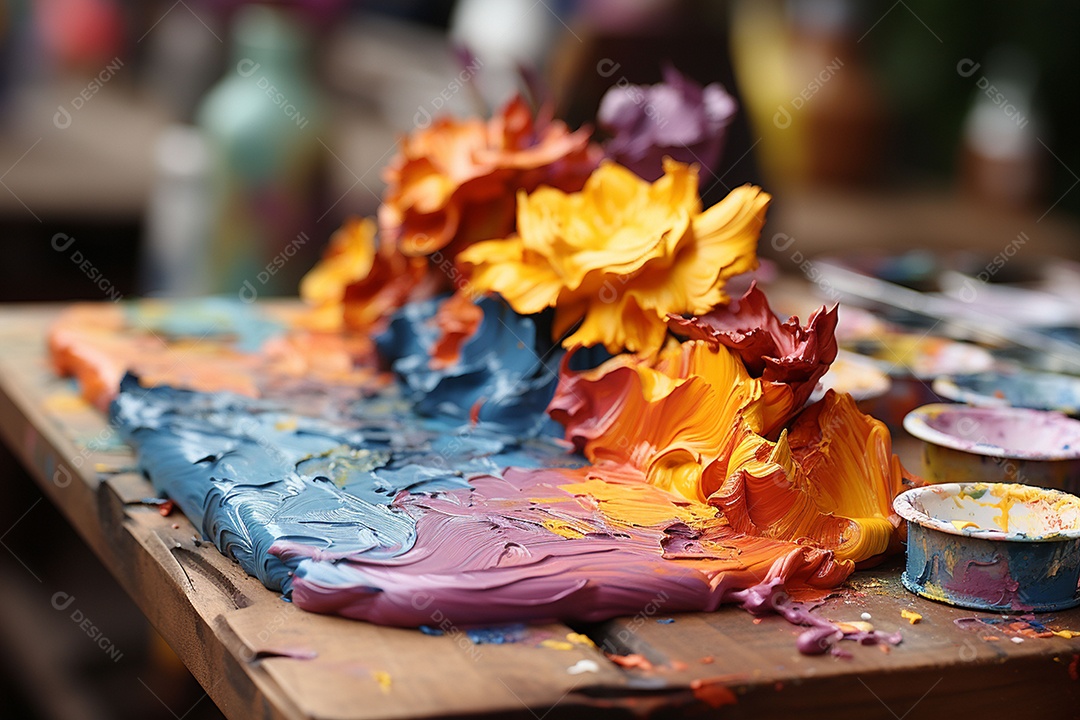 Mistura de tintas e tubo usado na paleta