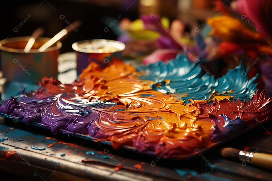 Mistura de tintas e tubo usado na paleta