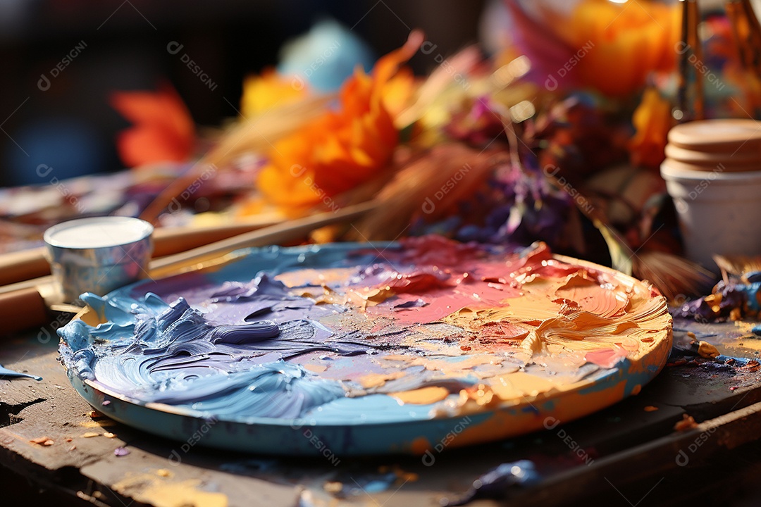 Mistura de tintas e tubo usado na paleta