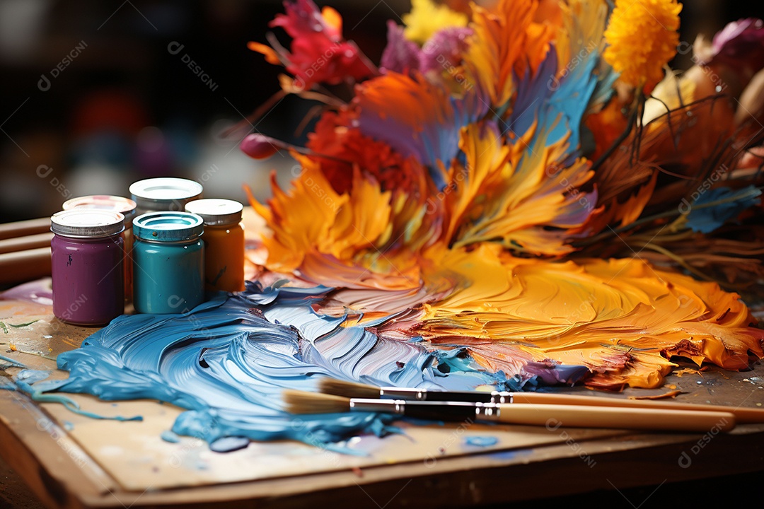 Mistura de tintas e tubo usado na paleta