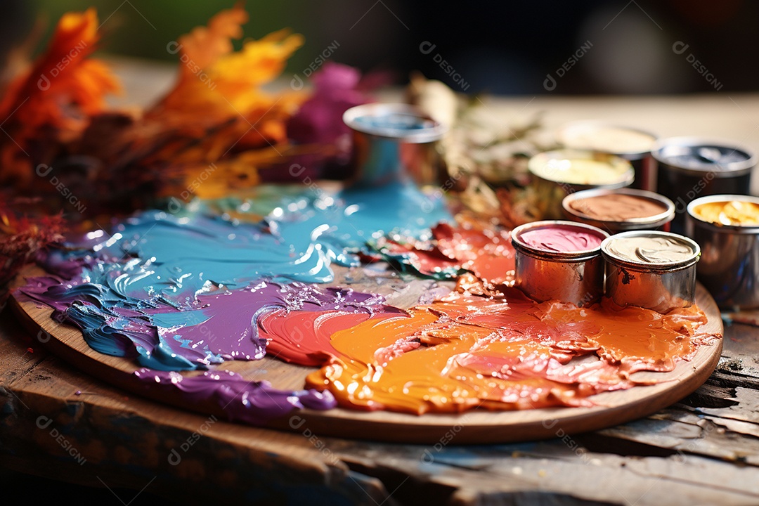 Mistura de tintas e tubo usado na paleta