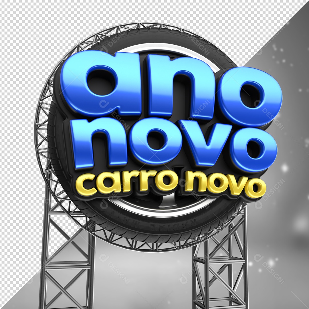 Ano Novo Carro Novo Selo 3D Azul e Amarelo para Composição PSD