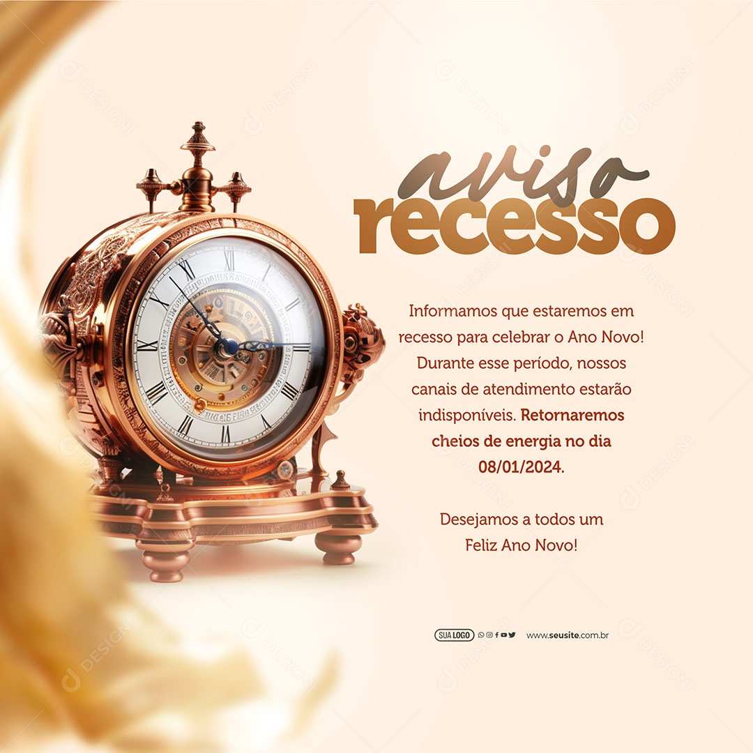 Aviso Informamos que Estaremos em Recesso para Celebrar o Ano Novo Social Media PSD Editável