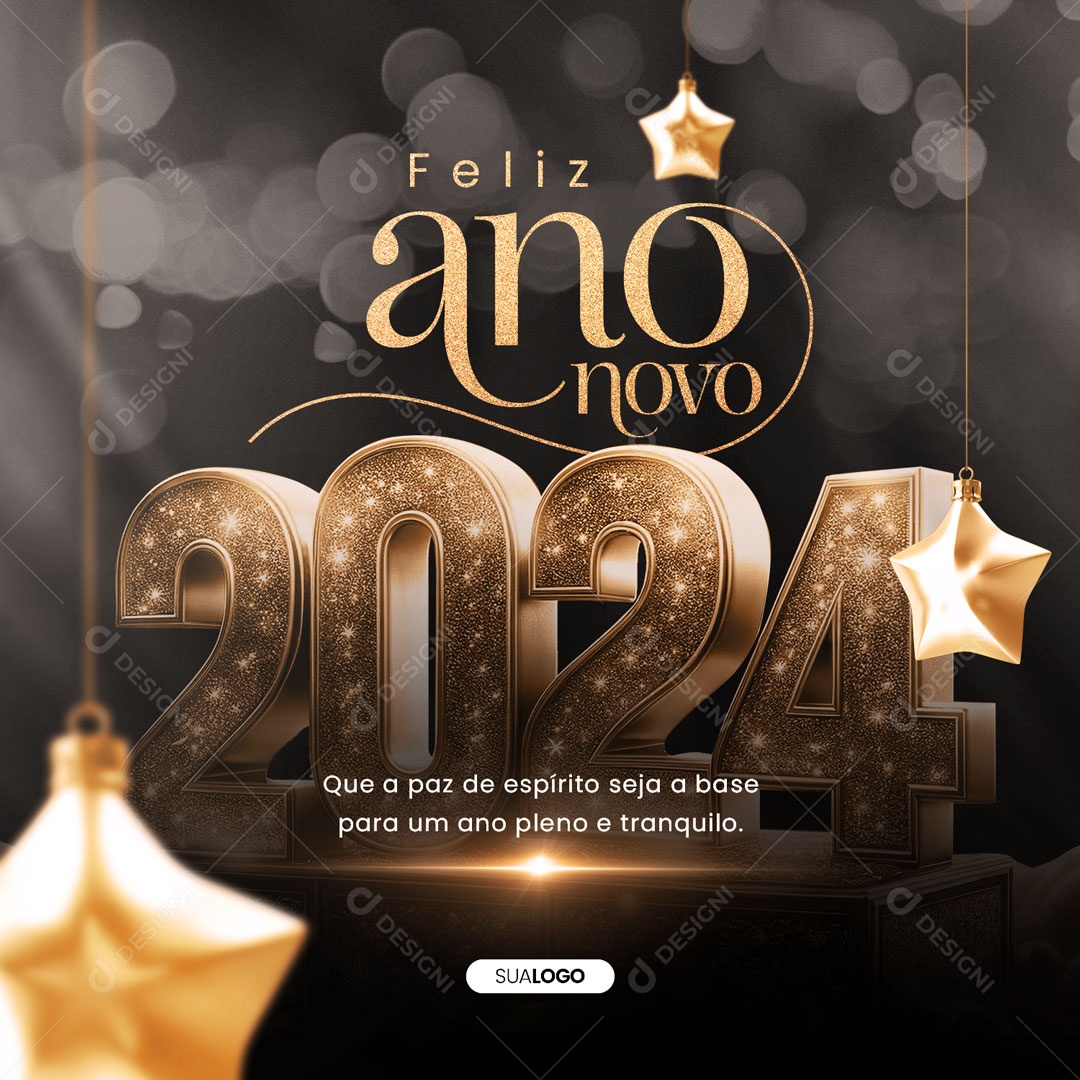 Feliz Ano Novo 2024 que a Paz de Espírito Seja a Base para um Ano Pleno e Tranquilo Social Media PSD Editável