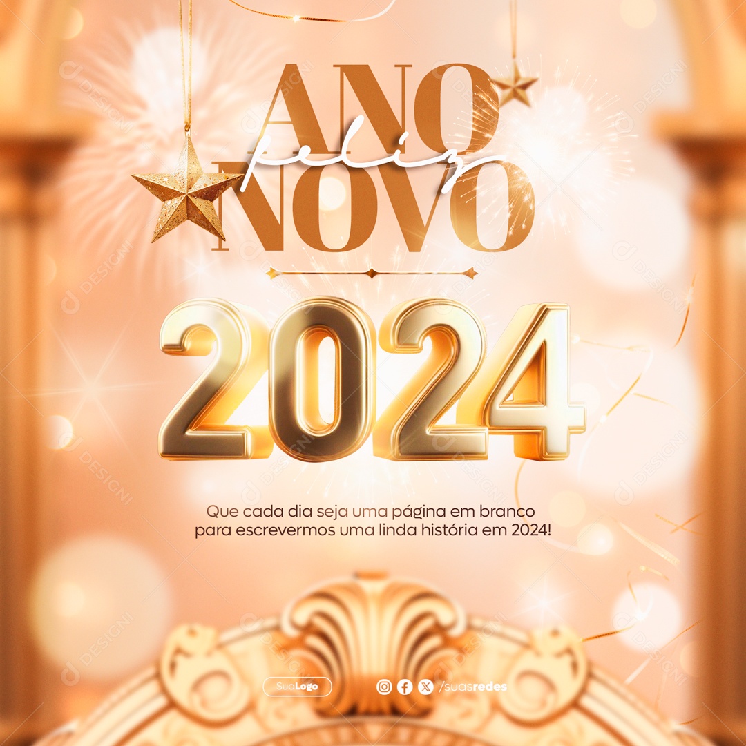 Feliz Ano Novo 2024 que Cada Dia Seja uma Página em Branco para Escrevermos Social Media PSD Editável
