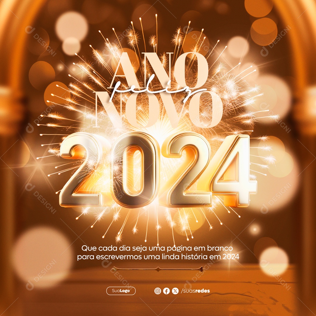 Feliz Ano Novo 2024 que Cada Dia Seja uma Página em Branco Social Media PSD Editável