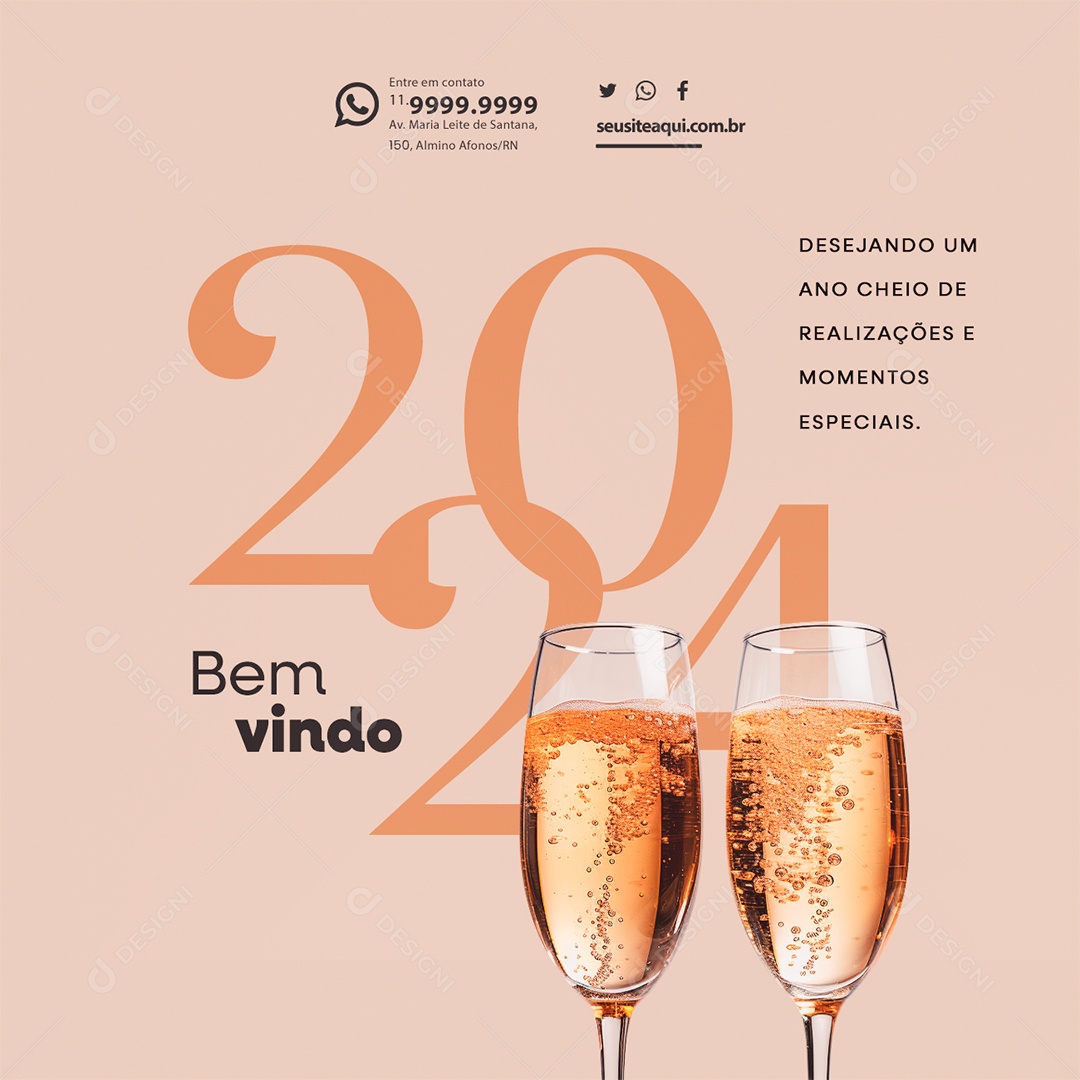 Bem Vindo 2024 Desejando um Ano Cheio de Realizações e Momentos Especiais Social Media PSD Editável