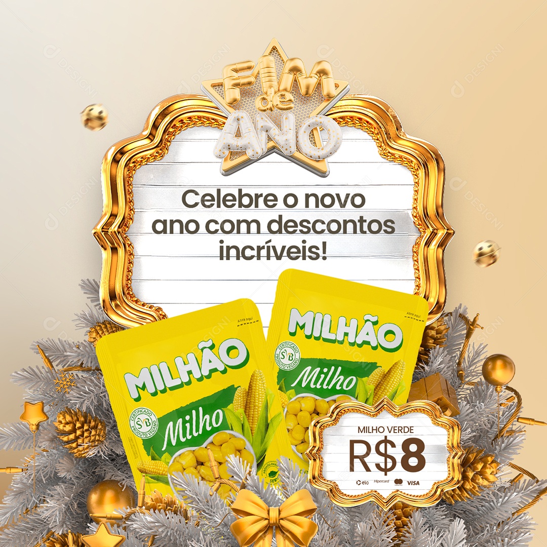 Supermercado Ano Novo Milho Verde Fim de Ano Celebre o Novo Ano com Descontos Incríveis Social Media PSD Editável